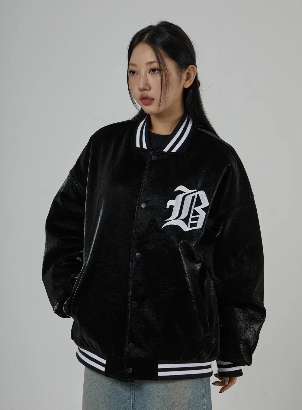 Faux Leather Oversized Graphic Jacket Unisex CD27