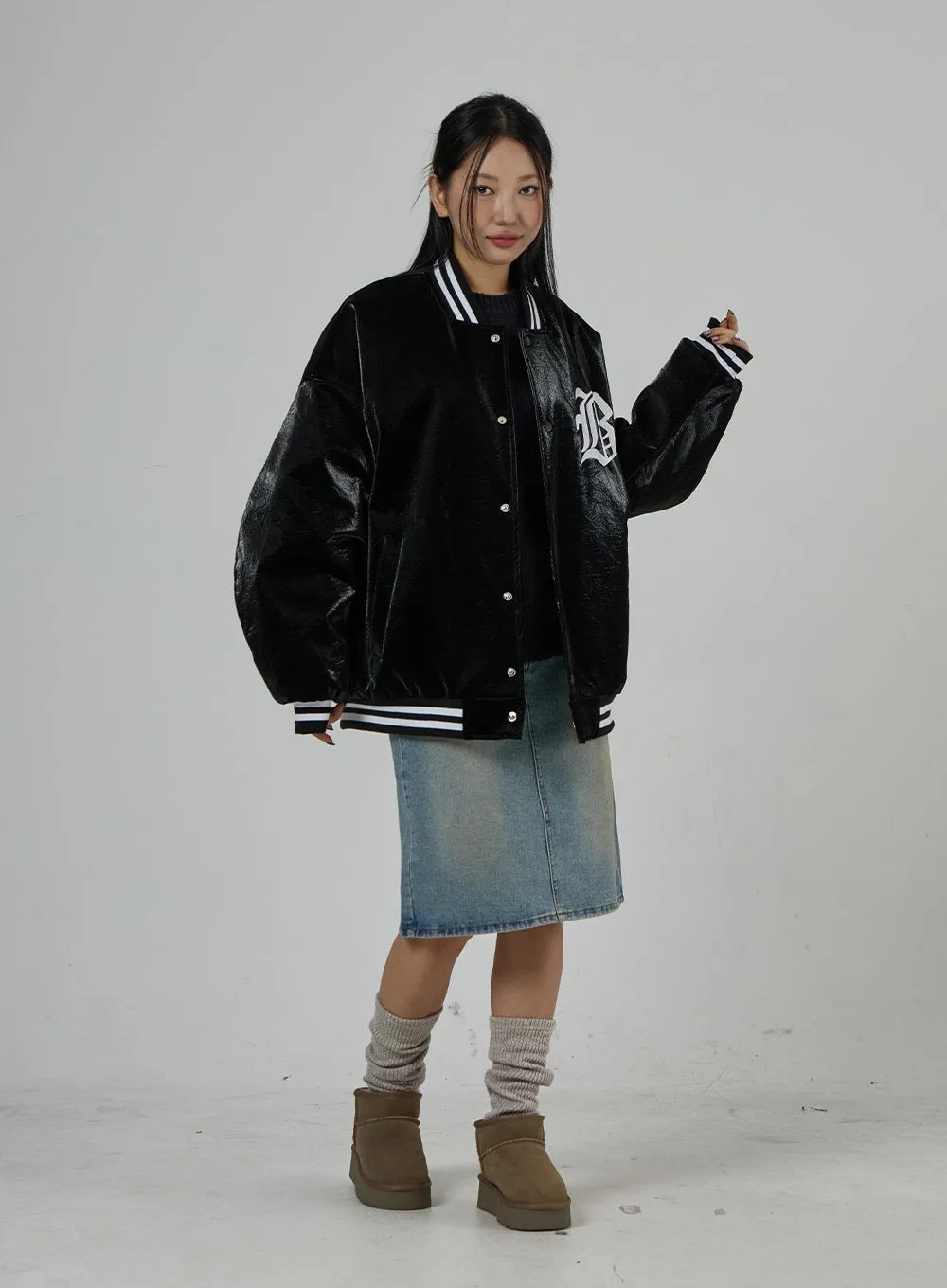 Faux Leather Oversized Graphic Jacket Unisex CD27