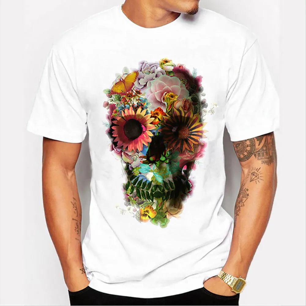 FEITONG Fashion Men short sleeve punk floral skull t-shirts funny tee shirts cool camiseta tops #30