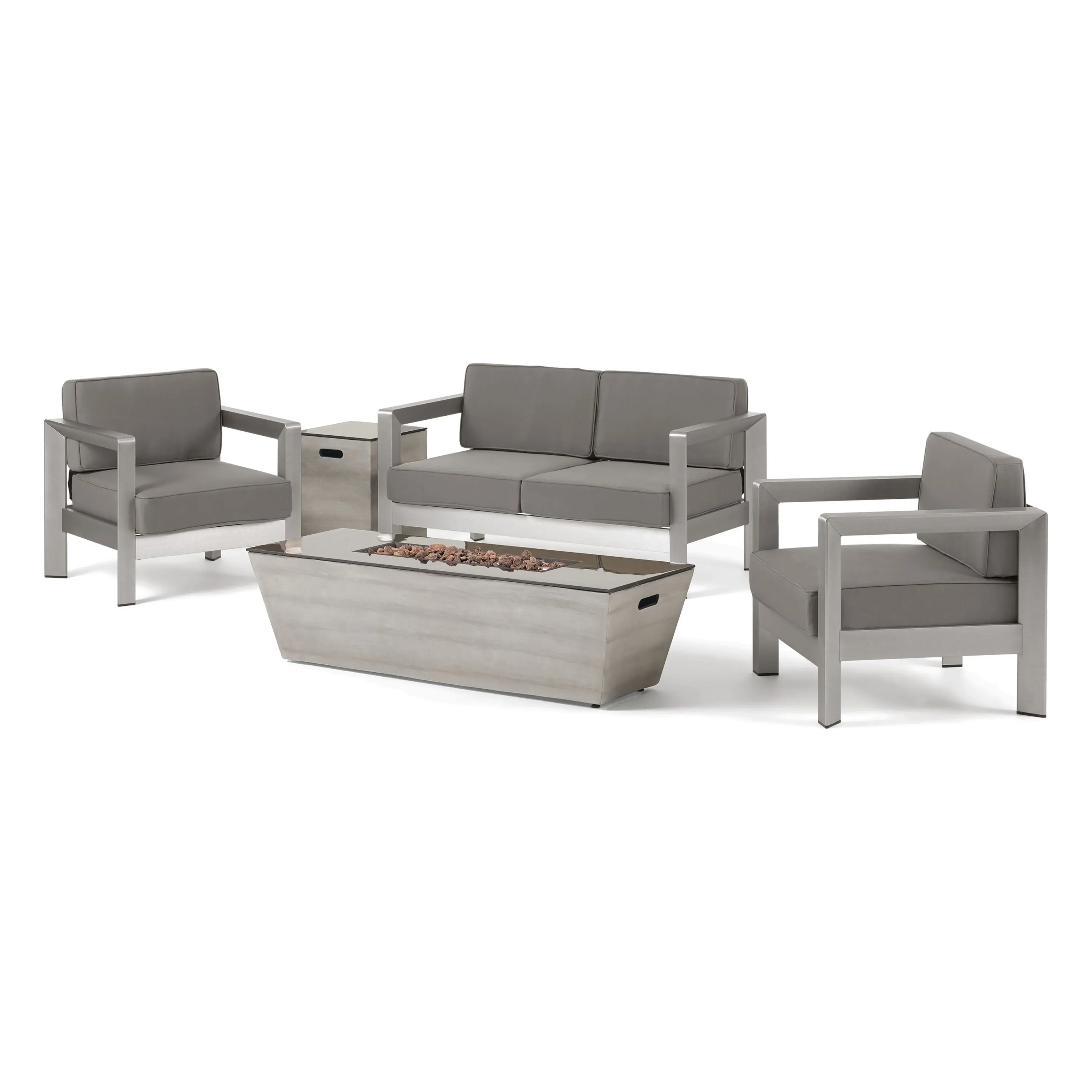 Gianelle Outdoor Modern 4 Seater Aluminum Chat Set with Fire Pit and Tank Holder