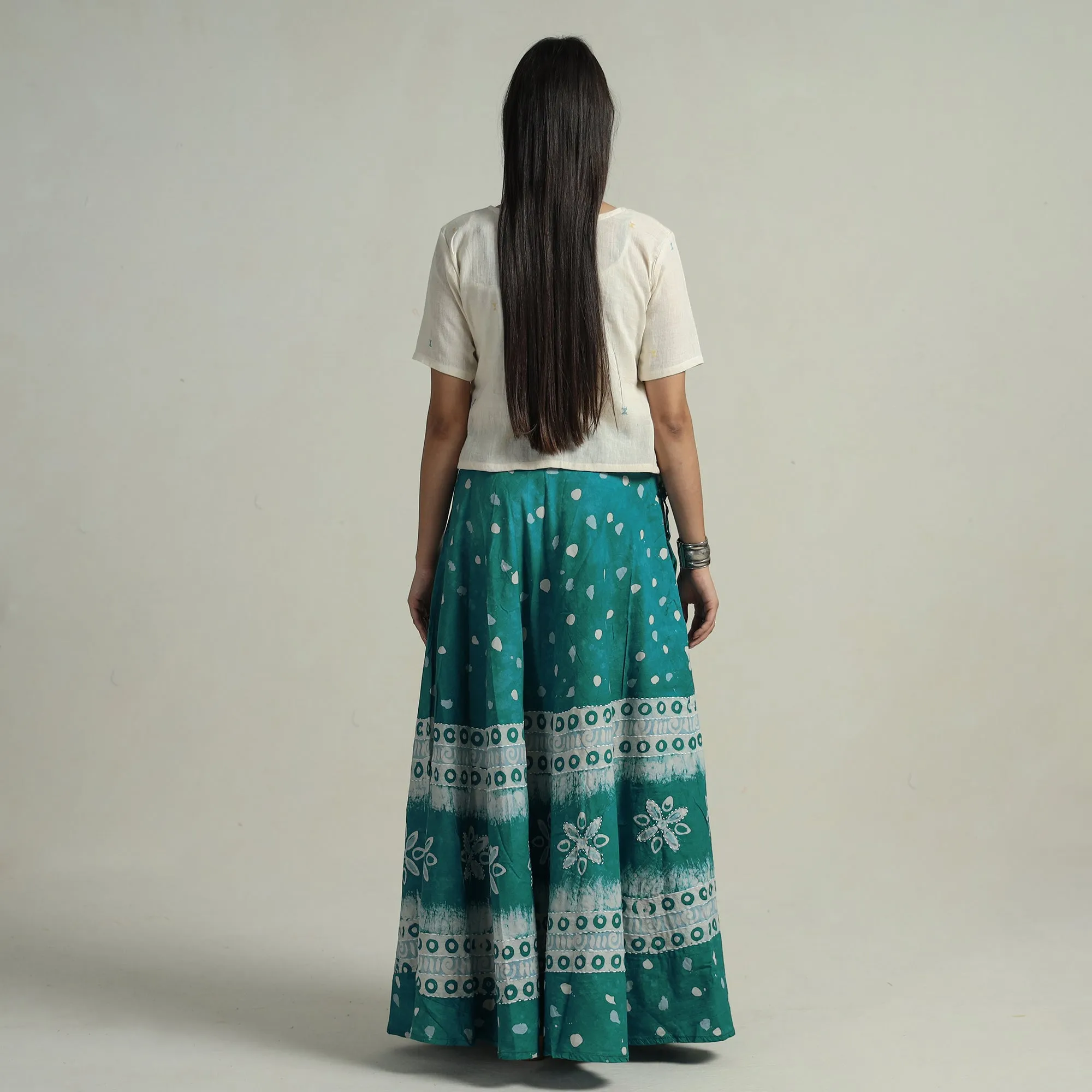 Green - Hand Batik Printed Running Stitch Cotton Long Skirt 94