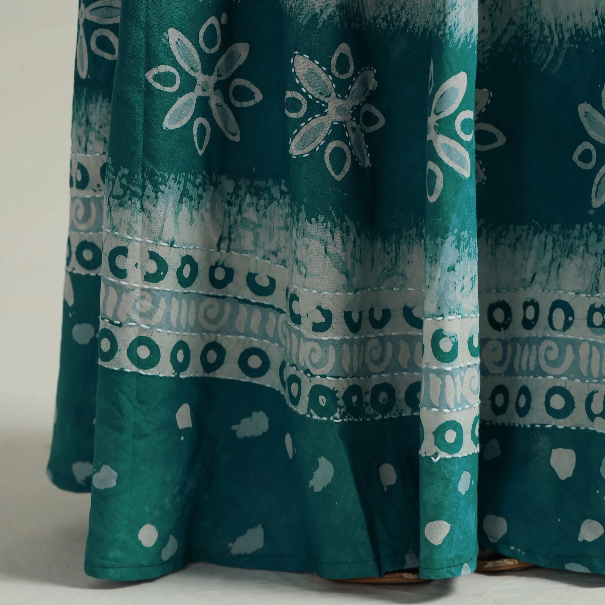 Green - Hand Batik Printed Running Stitch Cotton Long Skirt 94