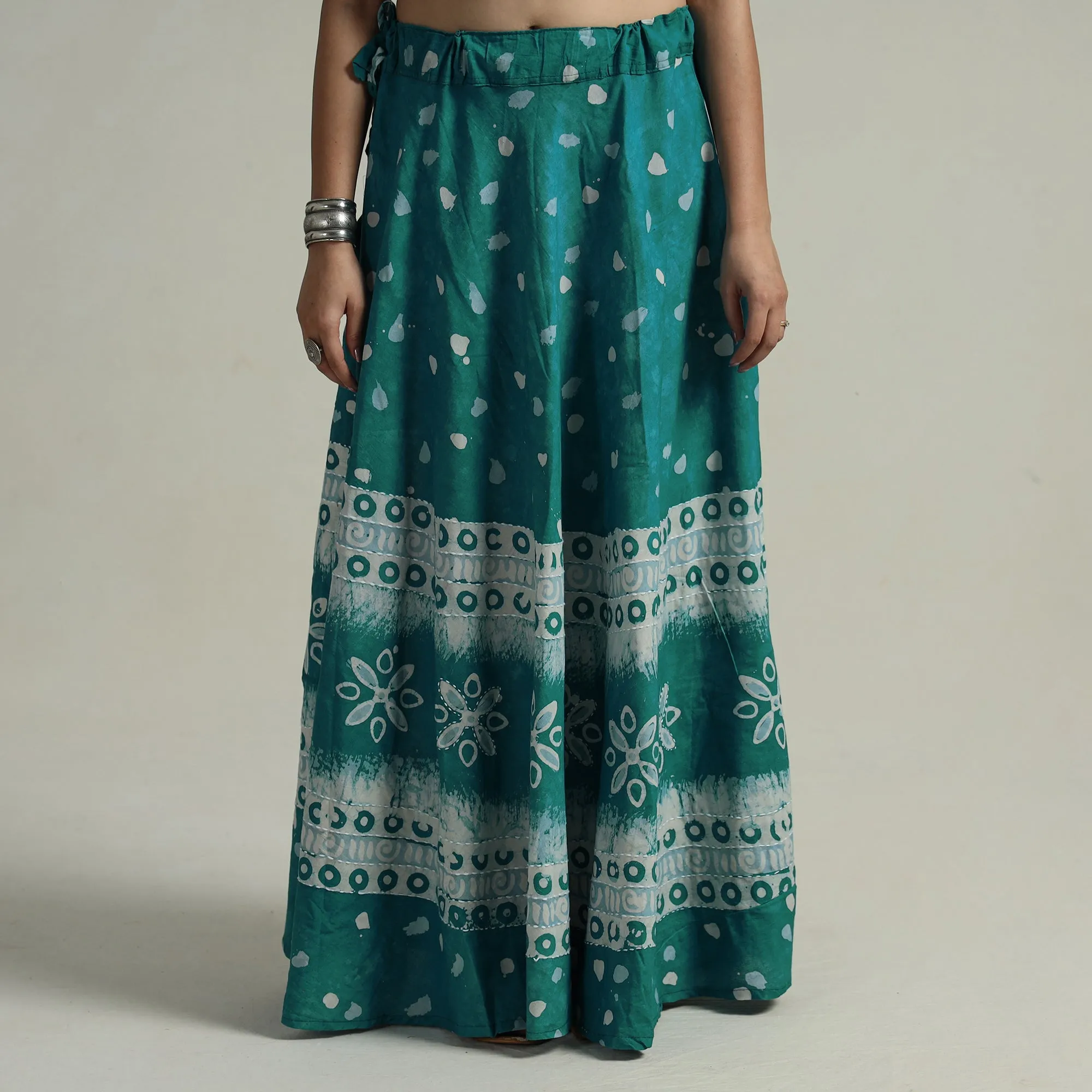 Green - Hand Batik Printed Running Stitch Cotton Long Skirt 94