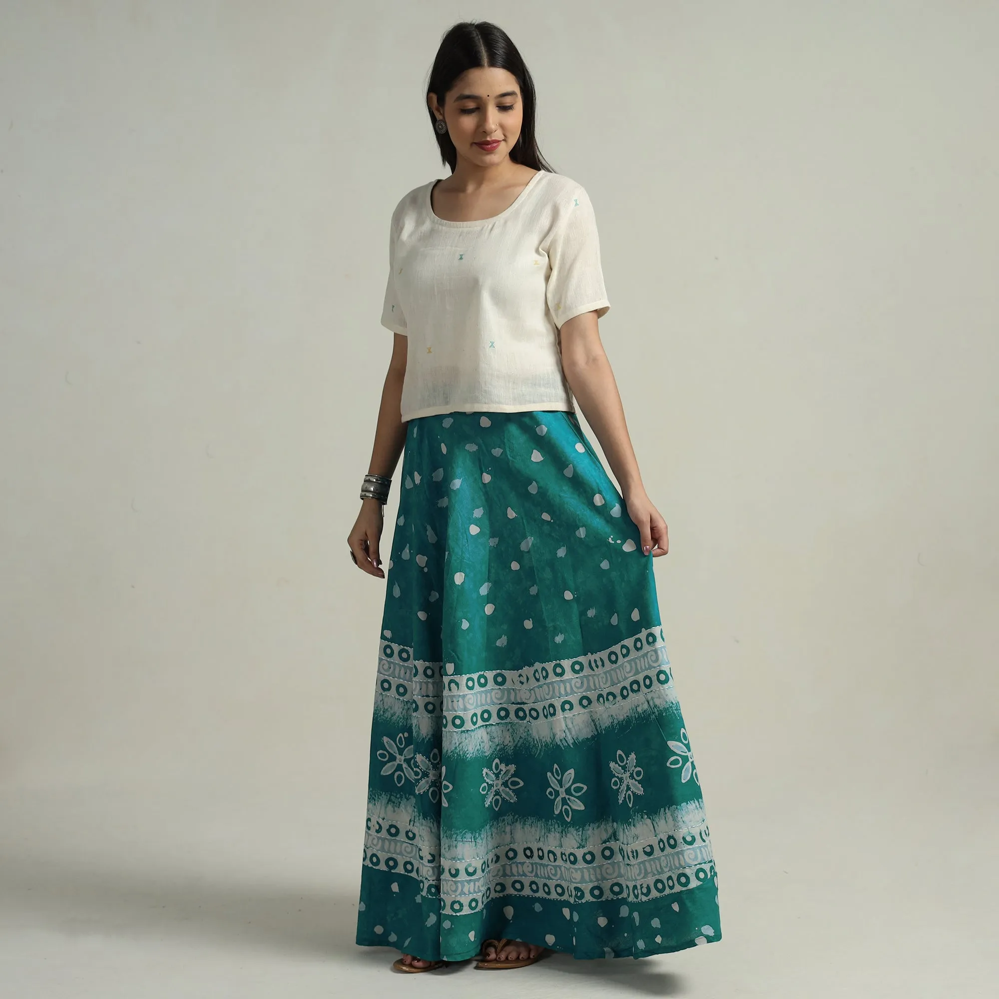 Green - Hand Batik Printed Running Stitch Cotton Long Skirt 94