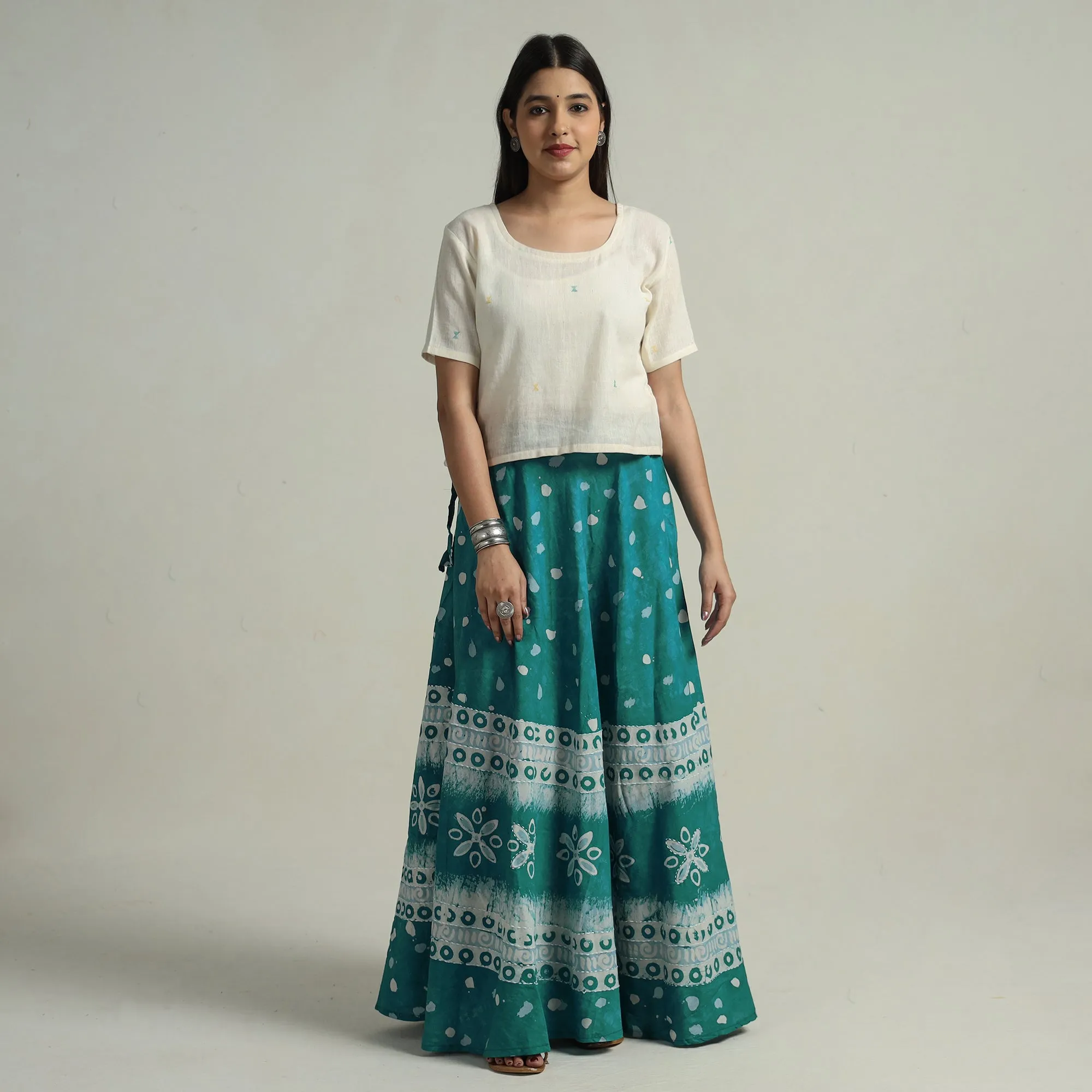 Green - Hand Batik Printed Running Stitch Cotton Long Skirt 94