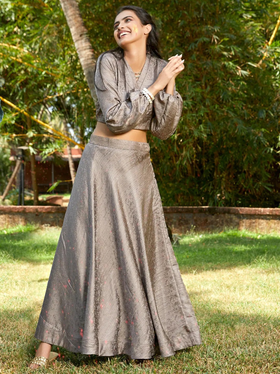 Grey Bead Work At Yoke Naysha Unique Jacquard Flaired Skirt Top