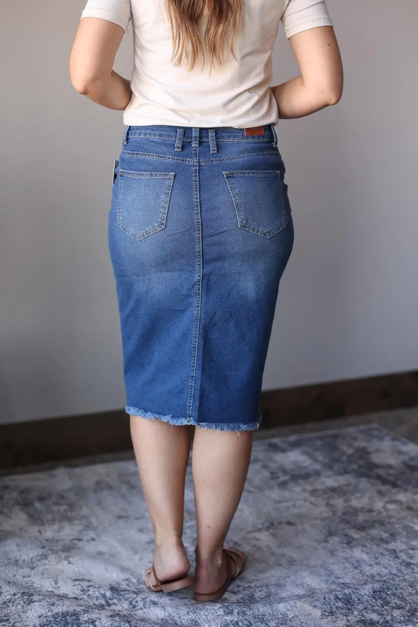 Indie Belted Midi Denim Skirt