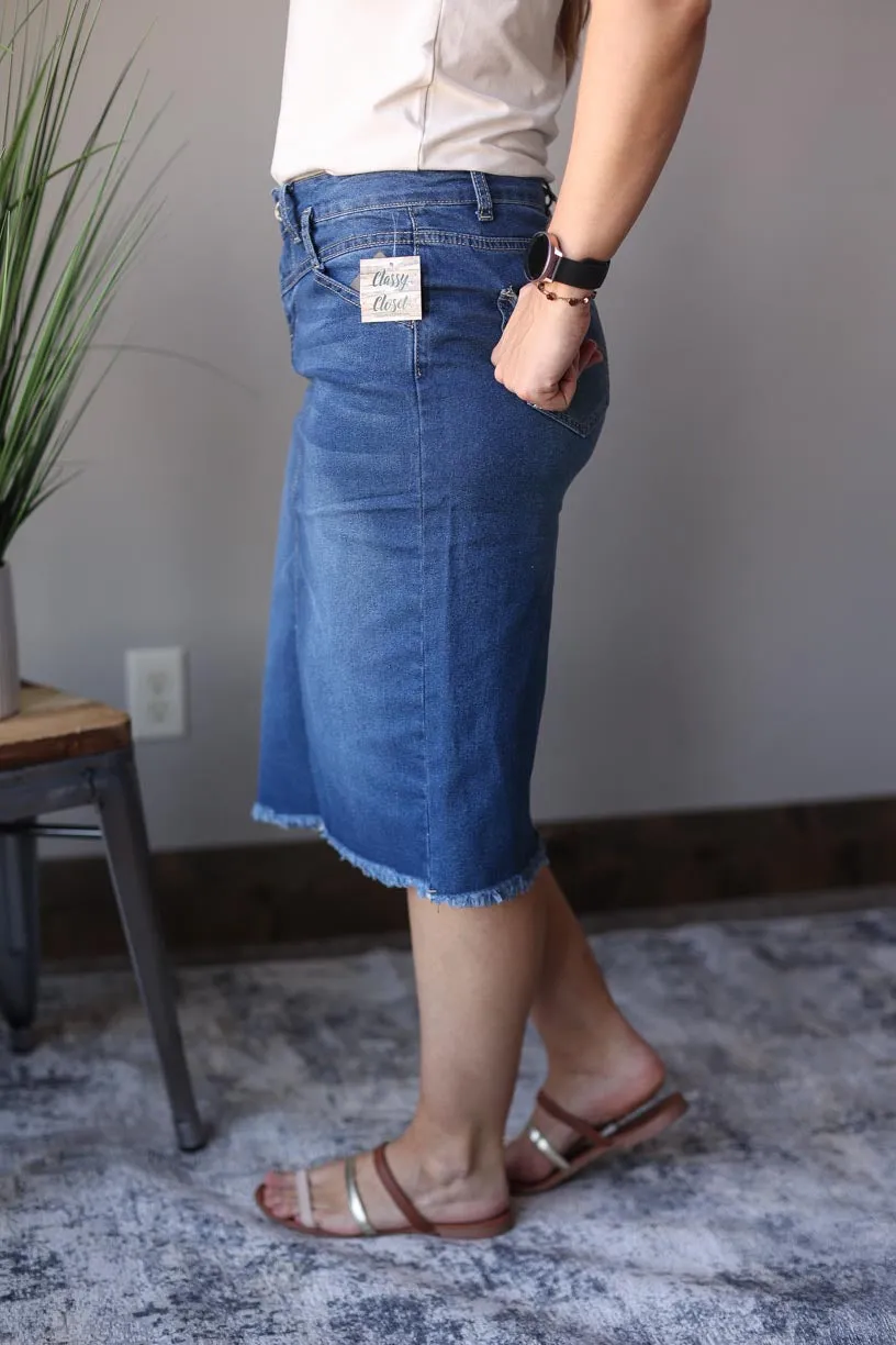 Indie Belted Midi Denim Skirt