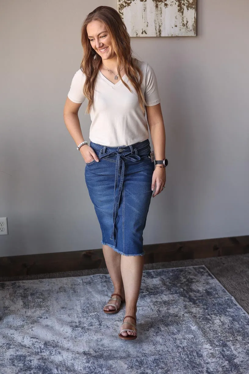 Indie Belted Midi Denim Skirt