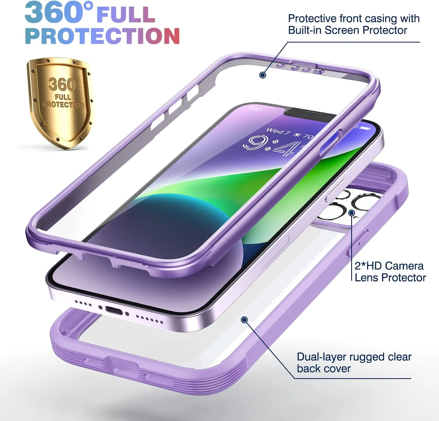 iPhone 14 Case, Full Body Rugged Case Camera Lens Protector Peri Purple