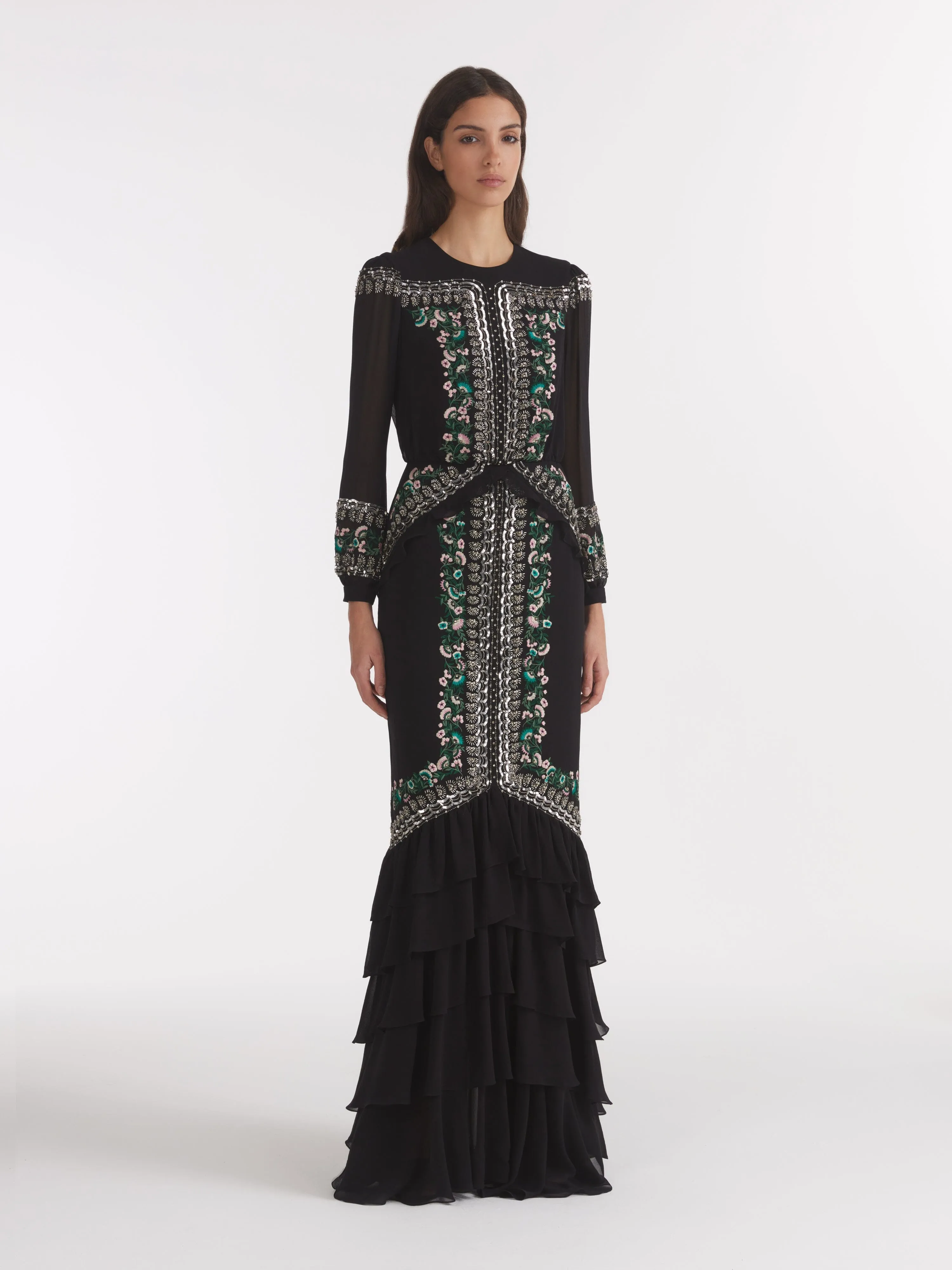 Isa Long C Dress Black Botanic Embroidery