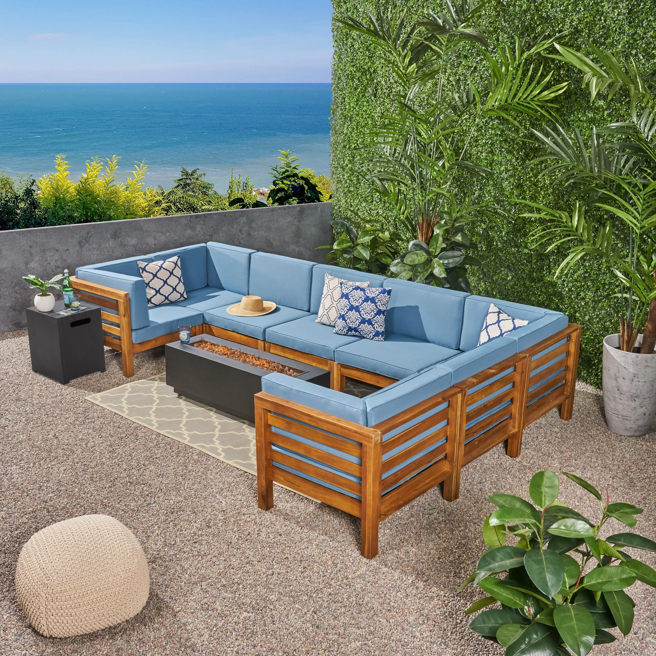 Krystin Outdoor U-Shaped Sectional Sofa Set with Fire Pit