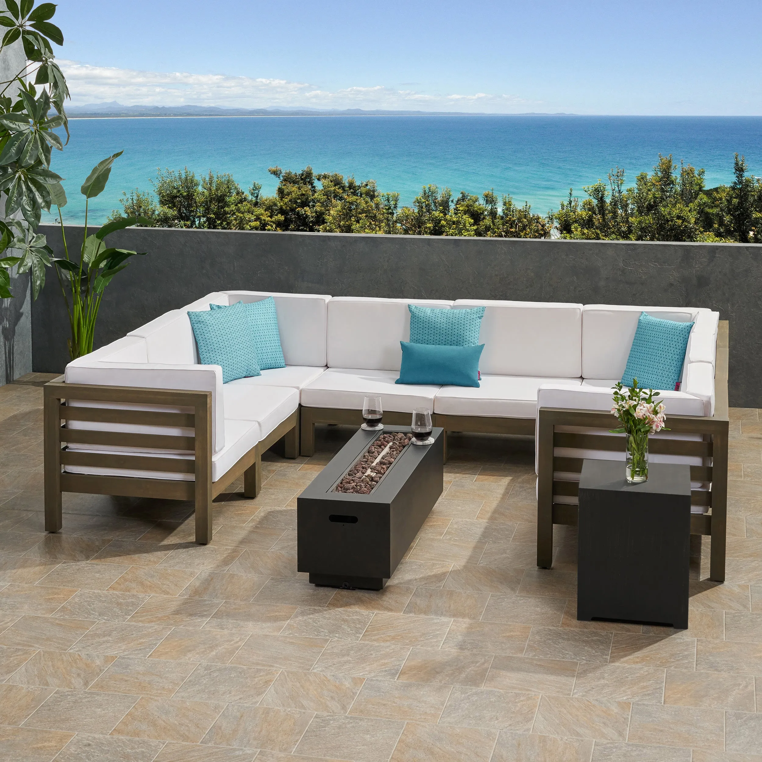 Krystin Outdoor U-Shaped Sectional Sofa Set with Fire Pit