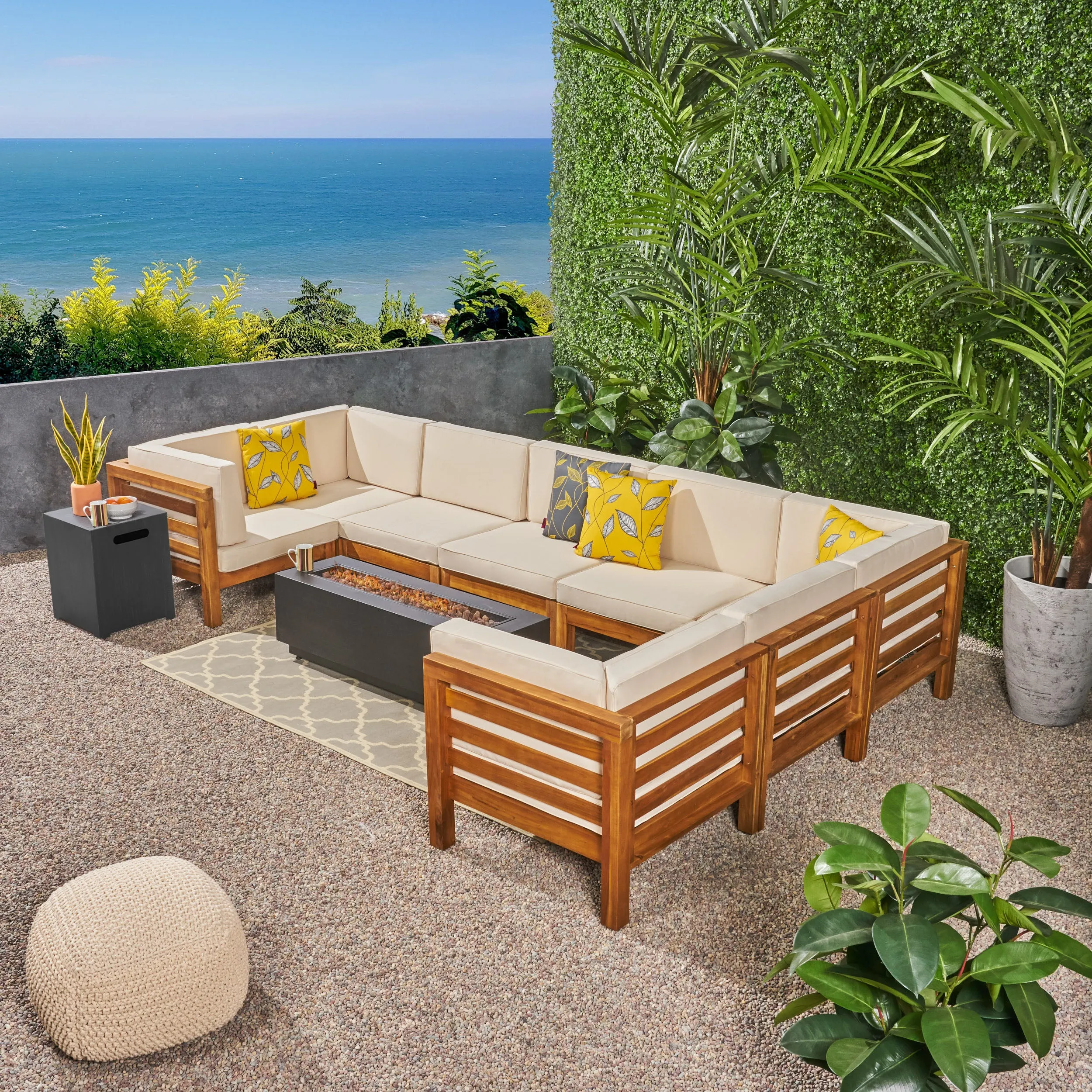 Krystin Outdoor U-Shaped Sectional Sofa Set with Fire Pit