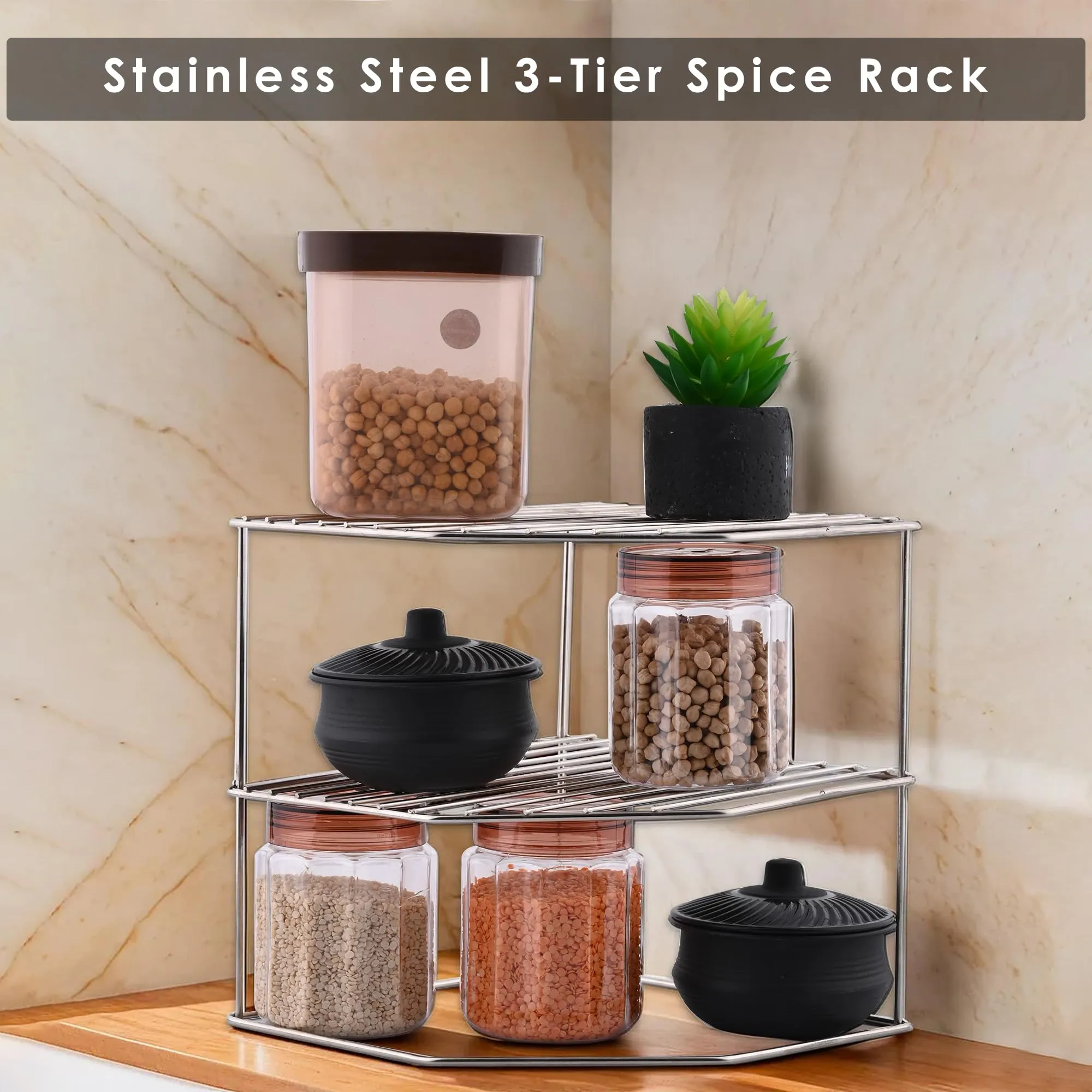 Kuber Industries 3-Layer Stainless Steel Corner Stand for Kitchen - Multipurpose Counter Top Spice Rack Trolley Organizer | Silver