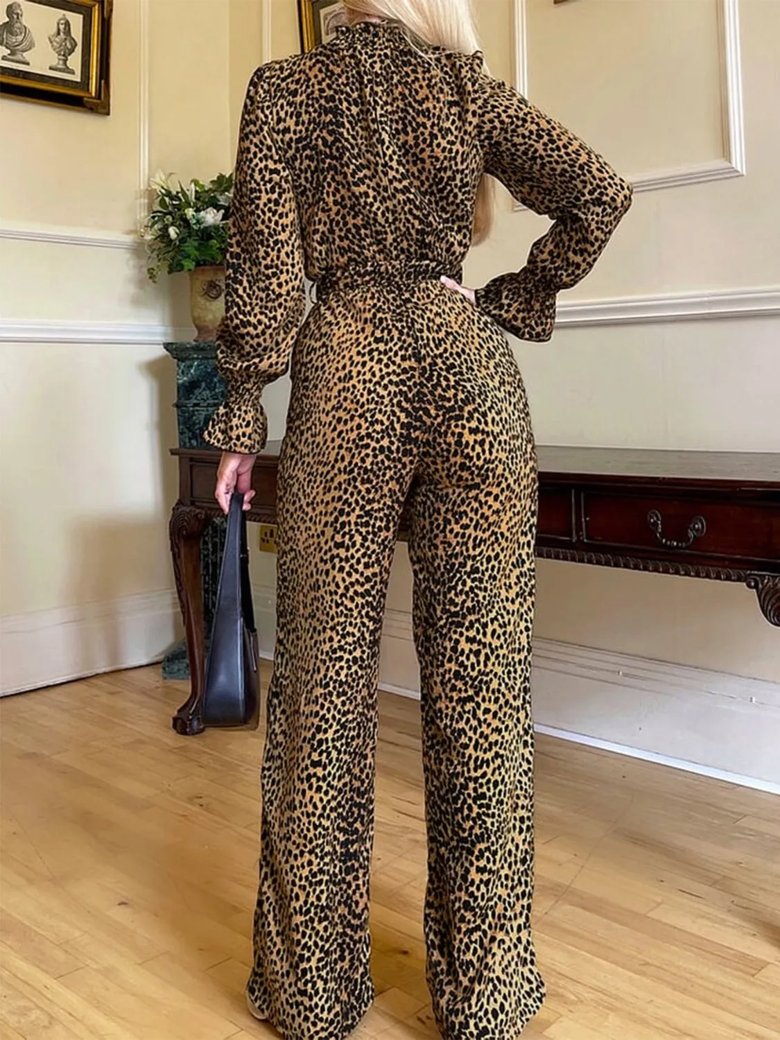 Leopard Flounce Sleeve Wide Leg Resort Jumpsuit