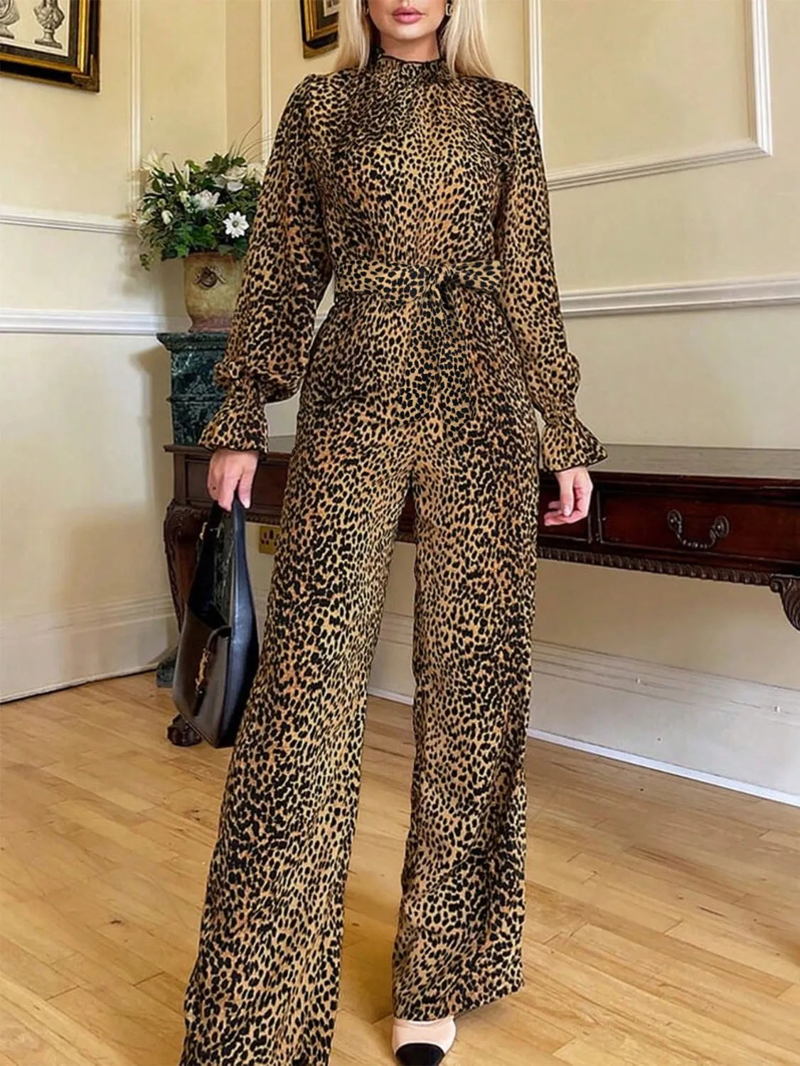 Leopard Flounce Sleeve Wide Leg Resort Jumpsuit