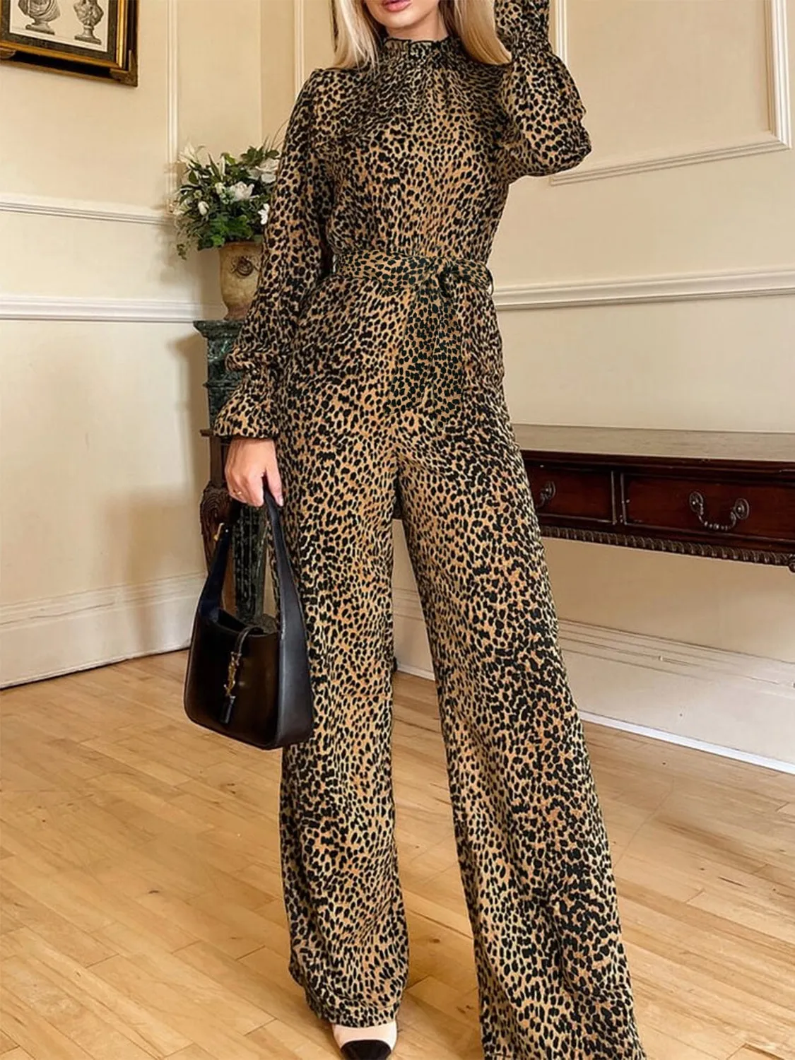 Leopard Flounce Sleeve Wide Leg Resort Jumpsuit