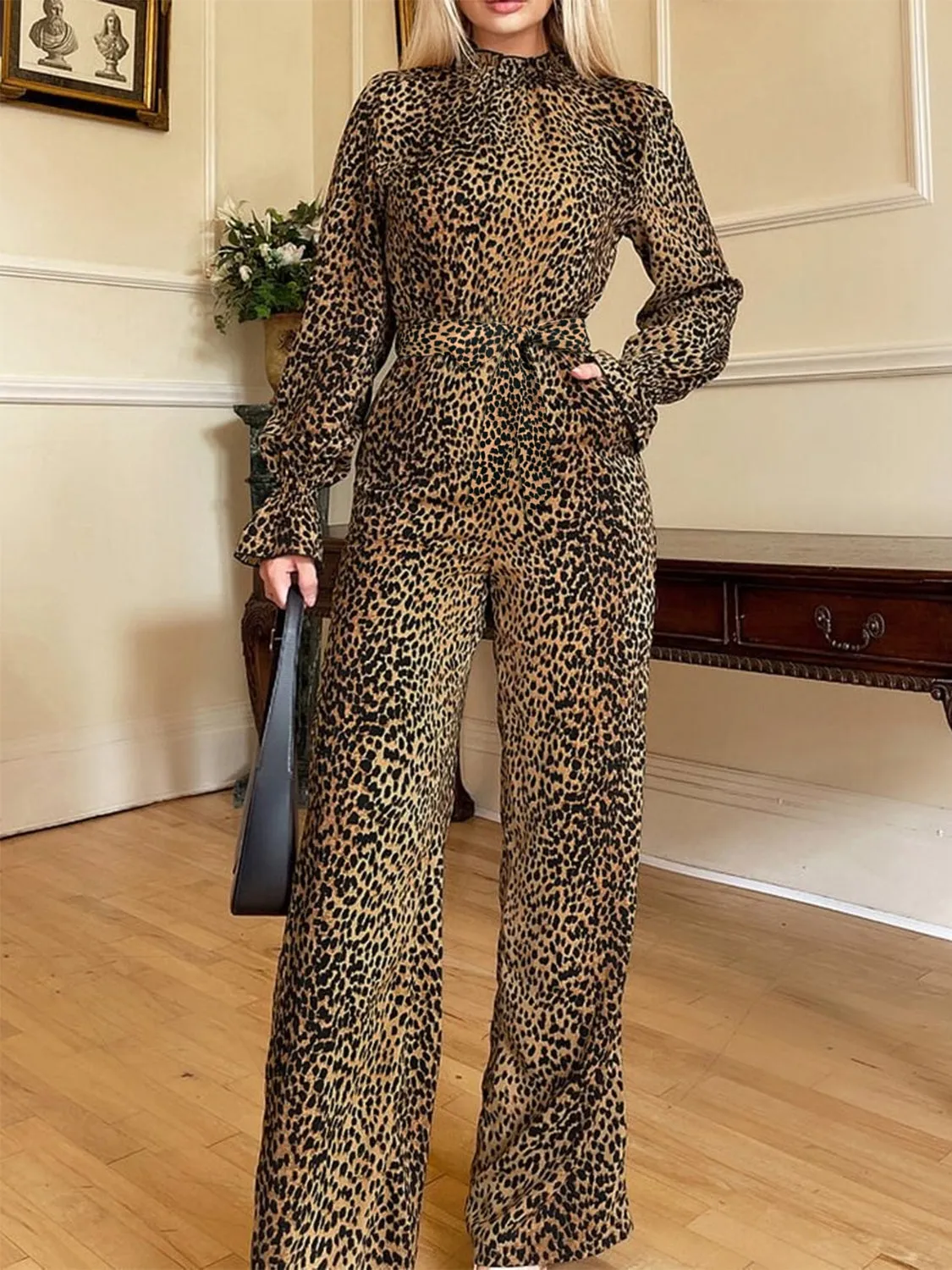 Leopard Flounce Sleeve Wide Leg Resort Jumpsuit