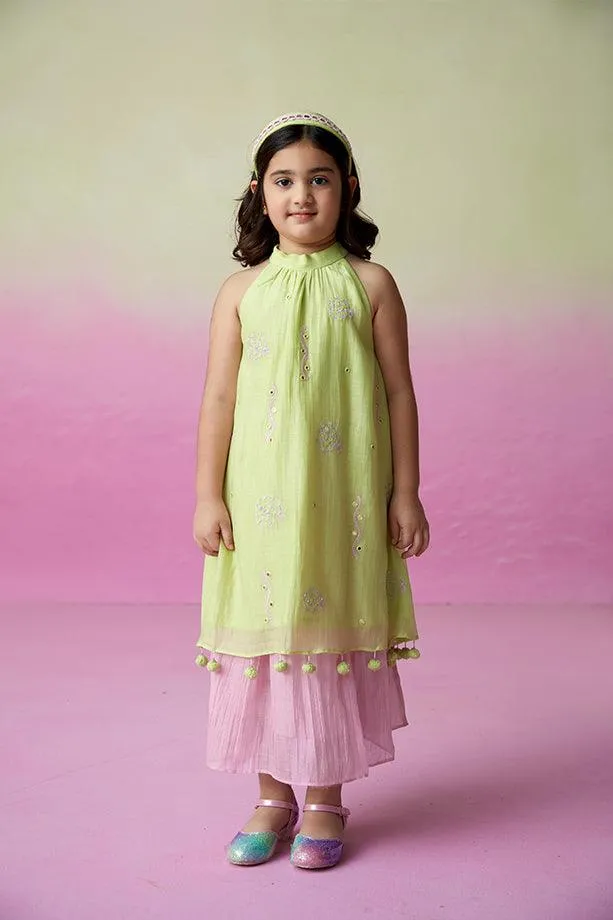 Little Starry- Lime Hand Embroidered Kurta and Skirt Set for Girls