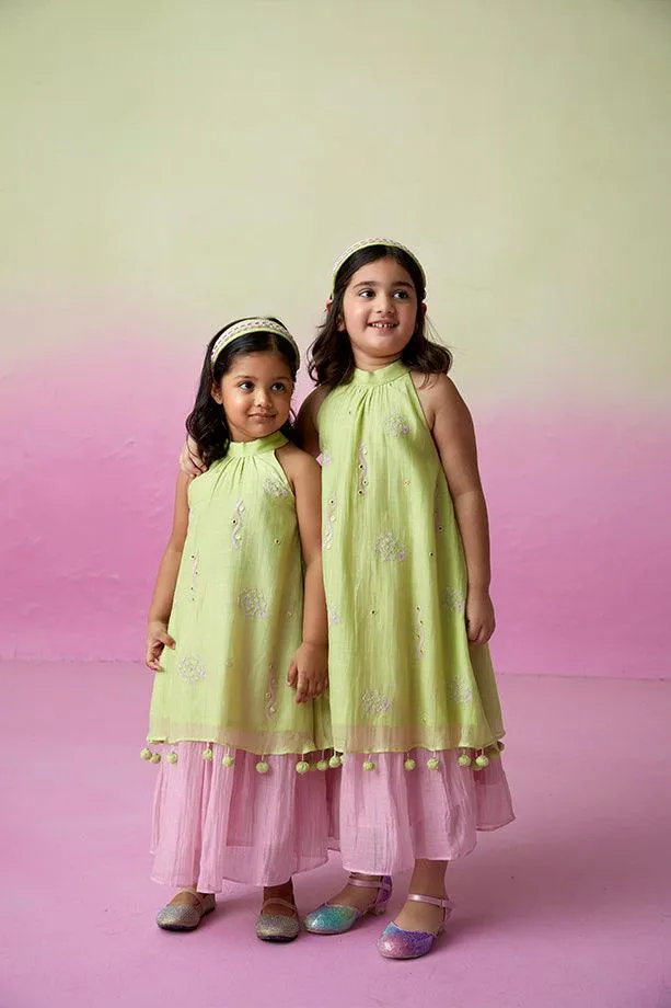 Little Starry- Lime Hand Embroidered Kurta and Skirt Set for Girls