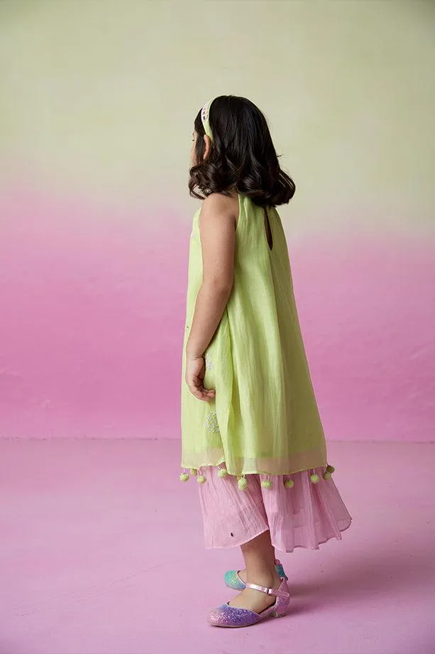 Little Starry- Lime Hand Embroidered Kurta and Skirt Set for Girls