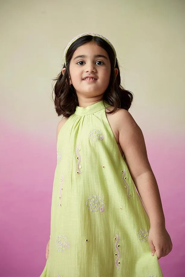 Little Starry- Lime Hand Embroidered Kurta and Skirt Set for Girls