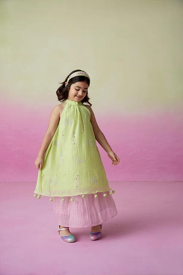 Little Starry- Lime Hand Embroidered Kurta and Skirt Set for Girls