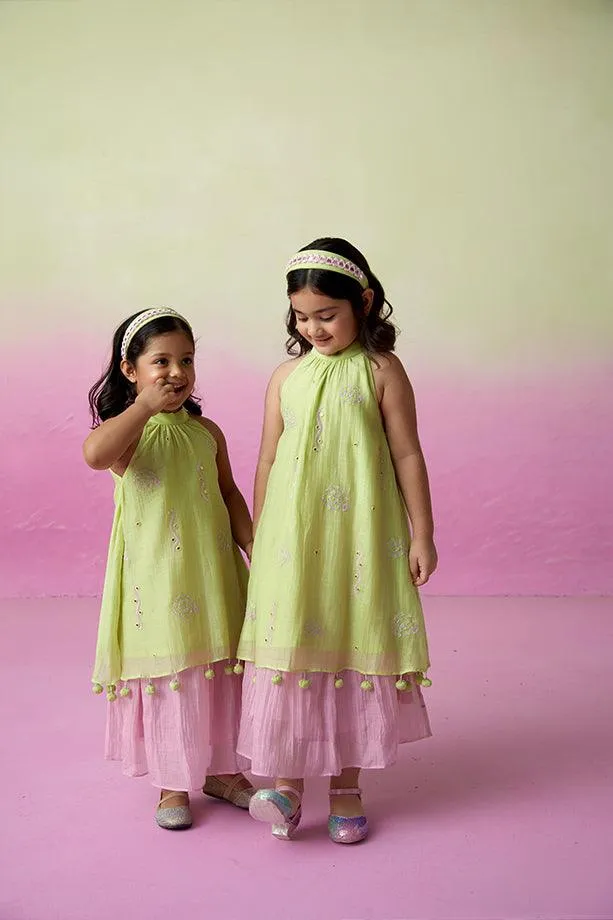 Little Starry- Lime Hand Embroidered Kurta and Skirt Set for Girls