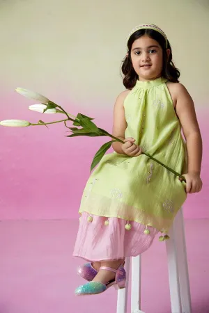 Little Starry- Lime Hand Embroidered Kurta and Skirt Set for Girls