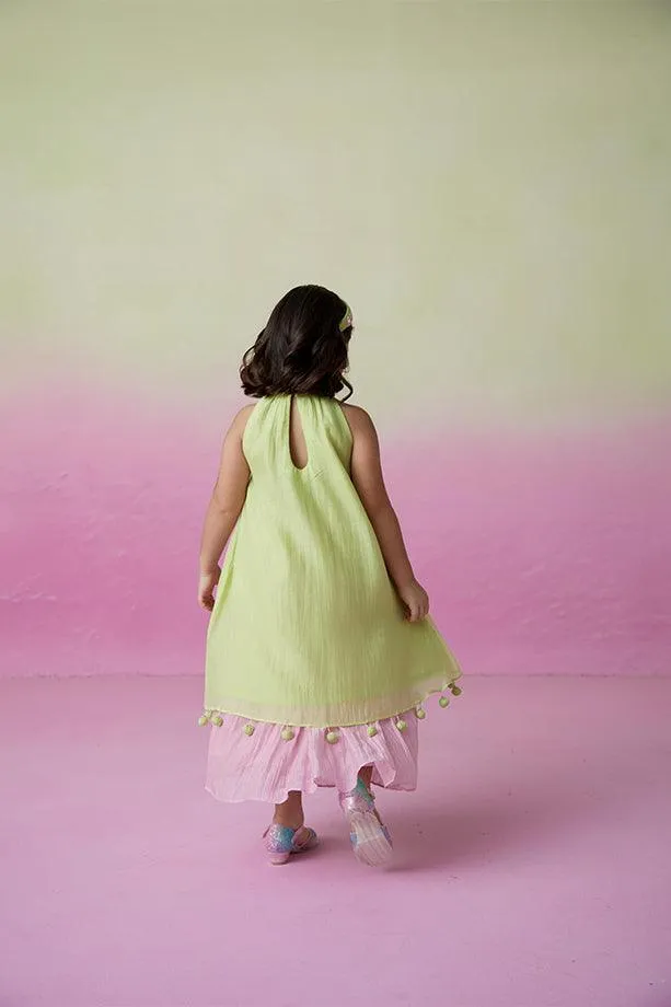 Little Starry- Lime Hand Embroidered Kurta and Skirt Set for Girls