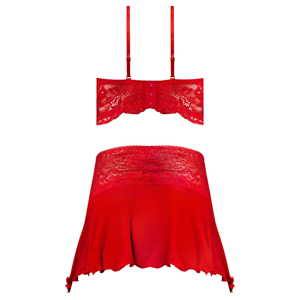 Magic Silk Sugar High Bralette, Cincher Skirt & Thong Set Red Queen Size