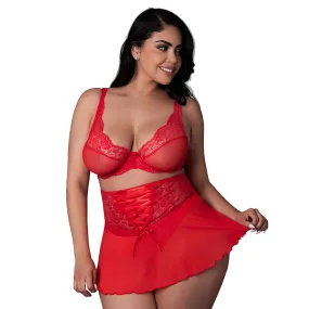 Magic Silk Sugar High Bralette, Cincher Skirt & Thong Set Red Queen Size