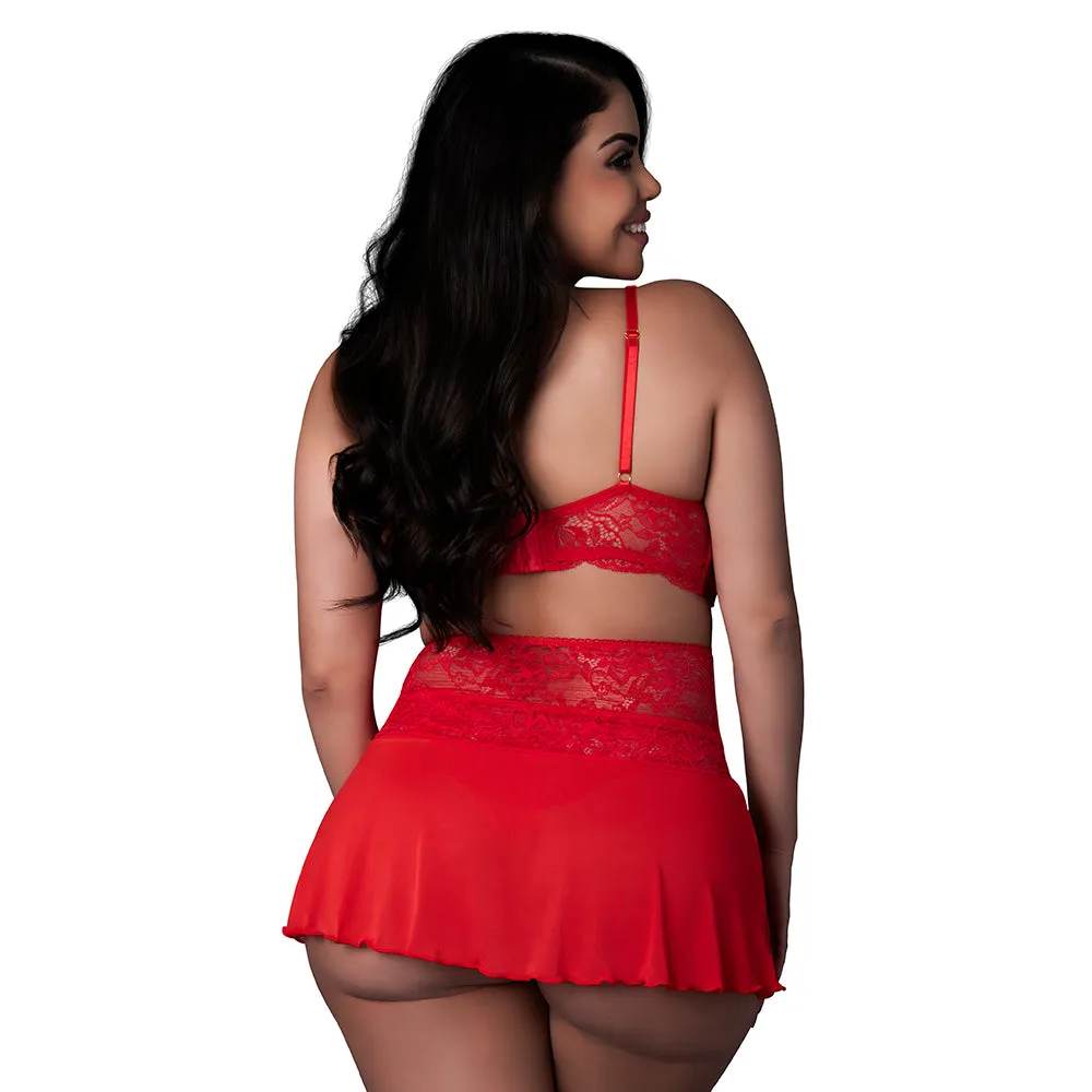 Magic Silk Sugar High Bralette, Cincher Skirt & Thong Set Red Queen Size