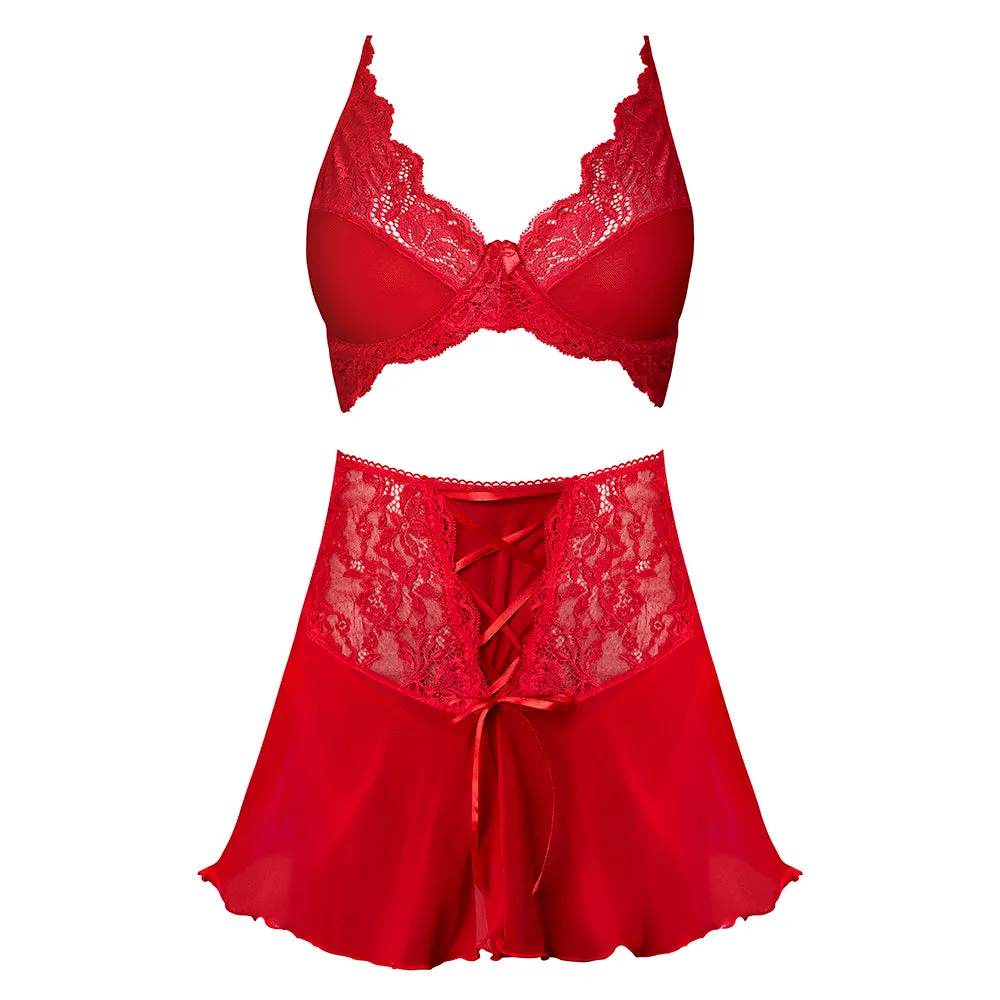 Magic Silk Sugar High Bralette, Cincher Skirt & Thong Set Red Queen Size