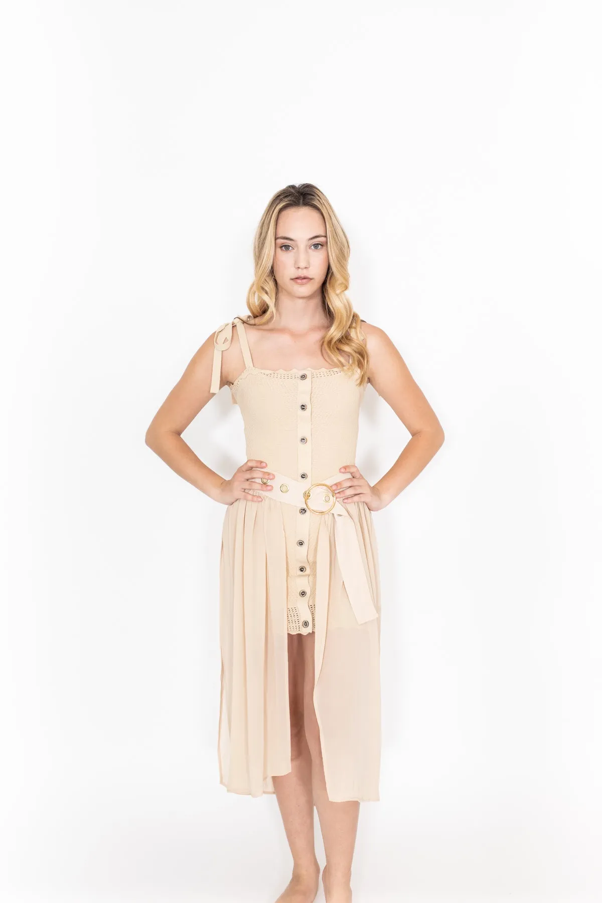 Mesh Belted Skirt Beige