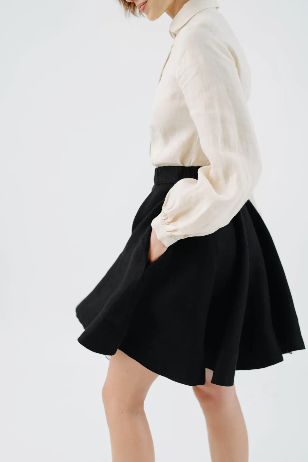 Mini Classic Skirt, Twill Linen, Black Herringbone