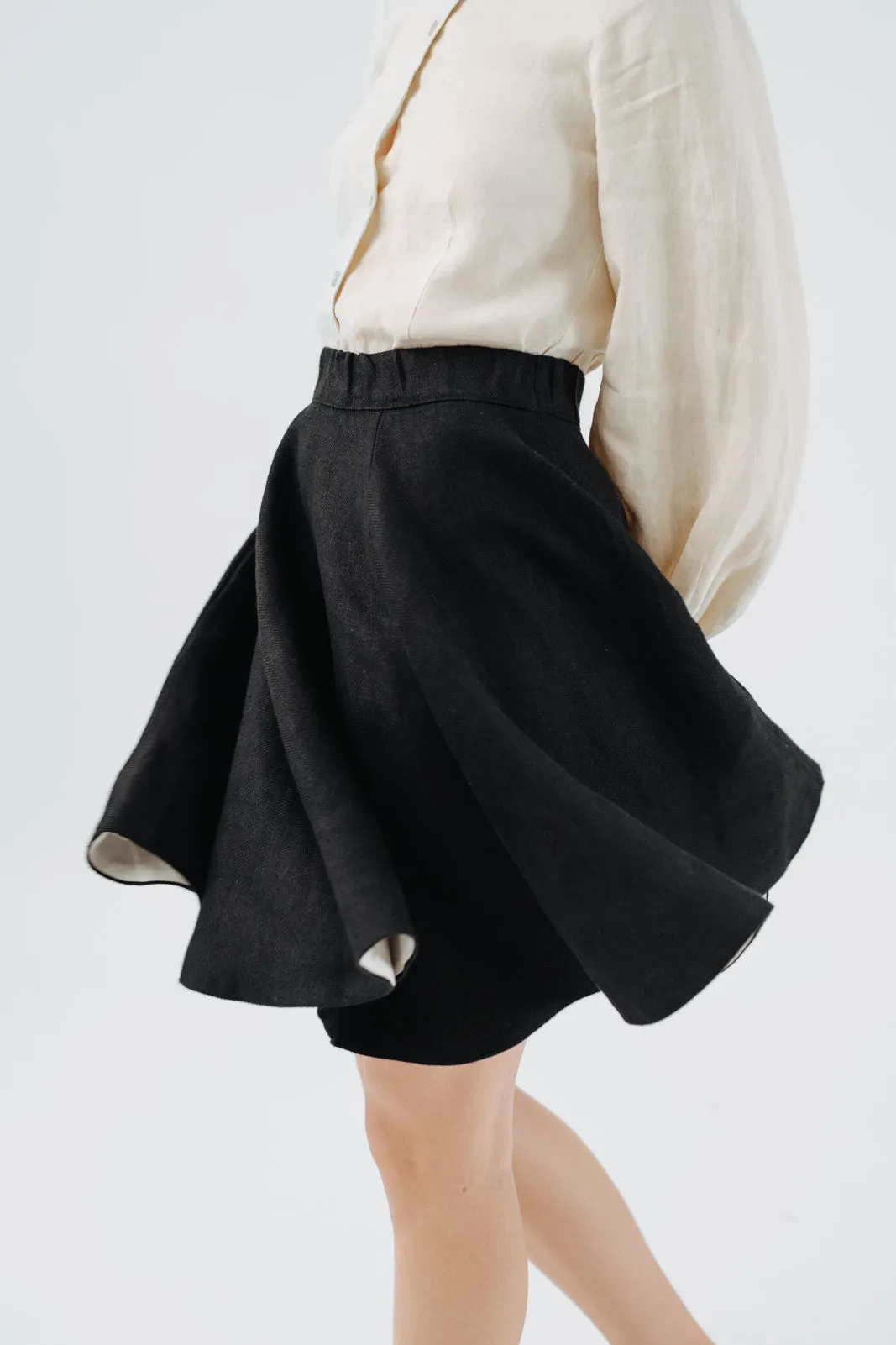 Mini Classic Skirt, Twill Linen, Black Herringbone