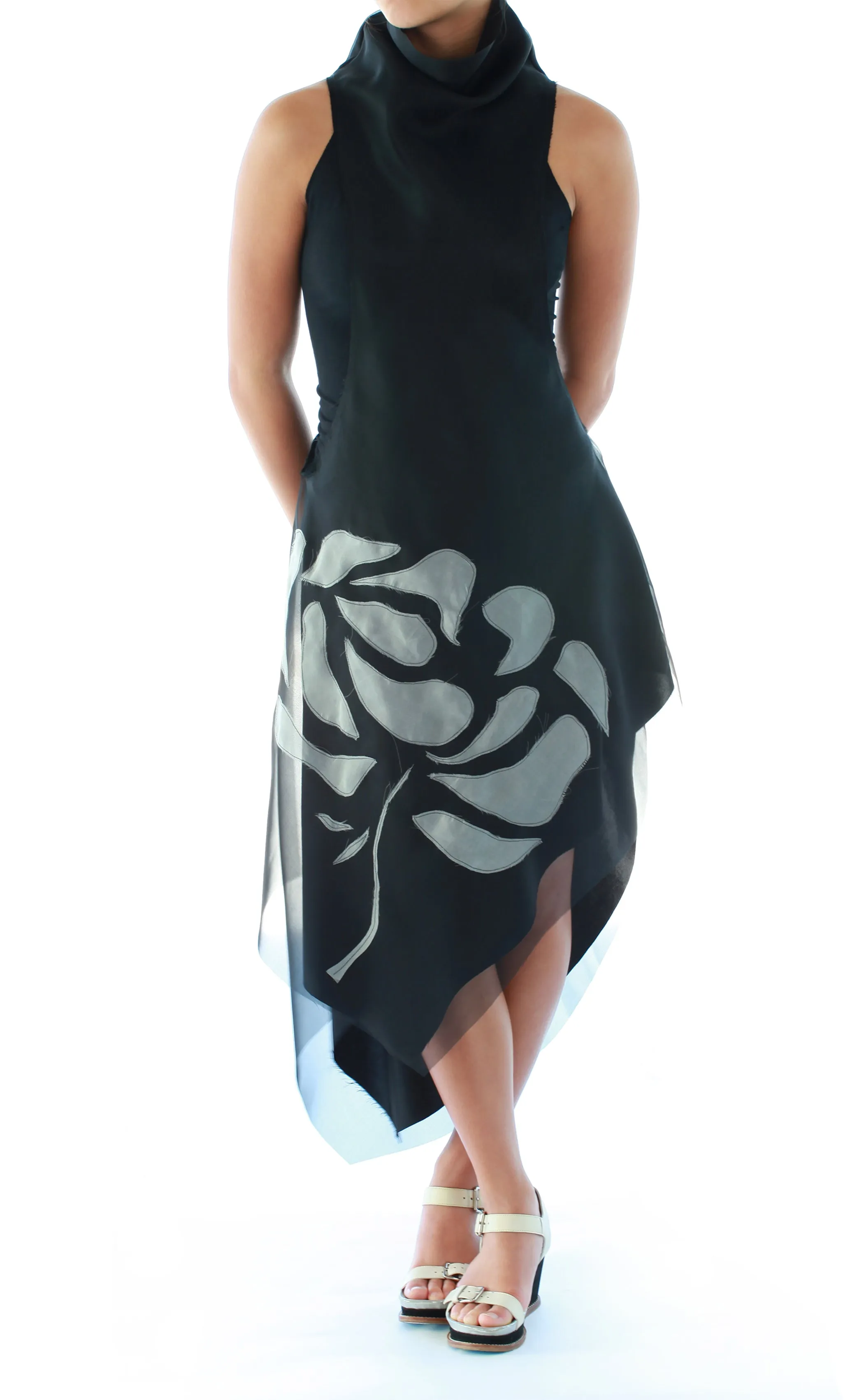 Mock Neck Silk Tank Dress with Floral Appliqué in Black