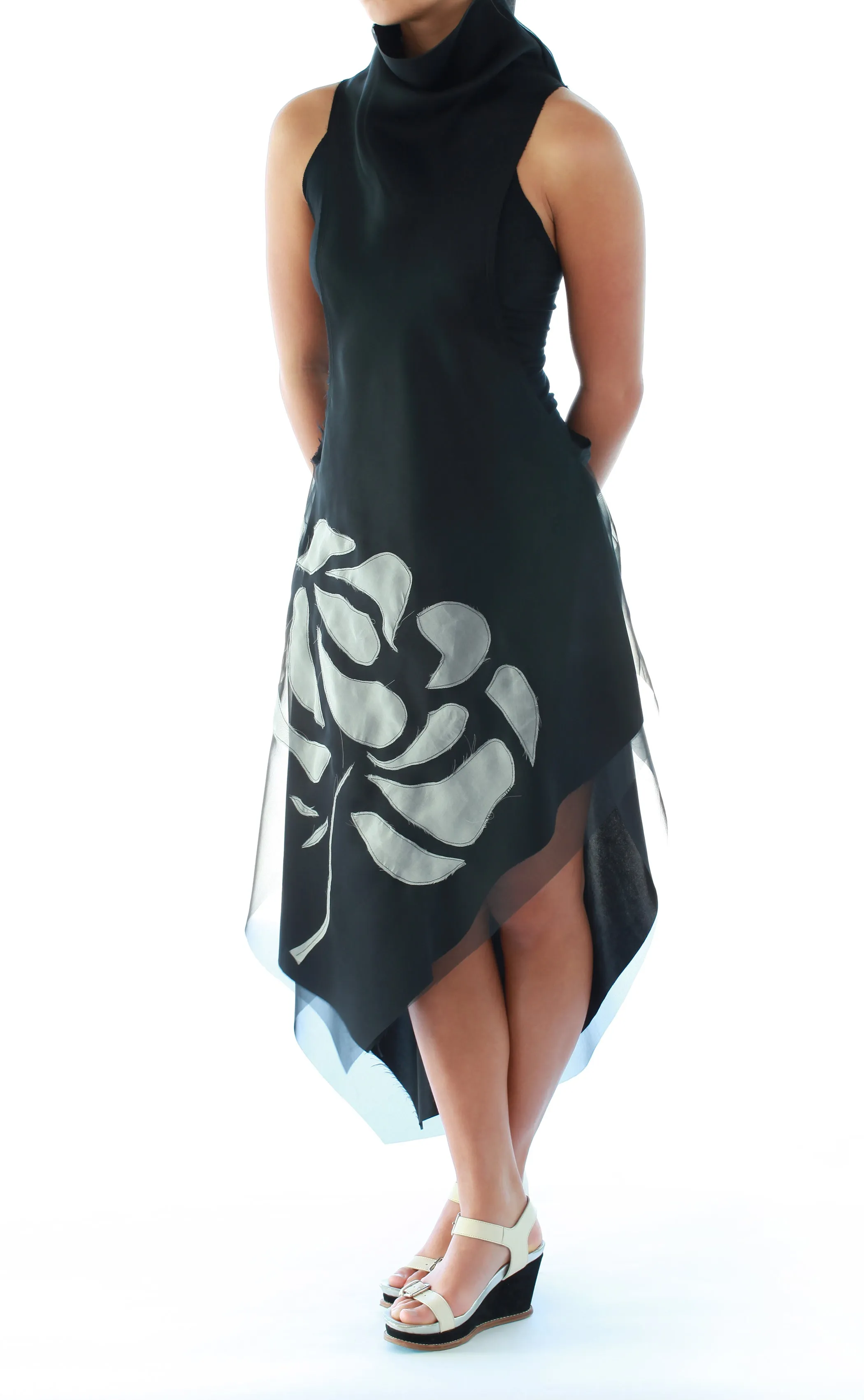 Mock Neck Silk Tank Dress with Floral Appliqué in Black