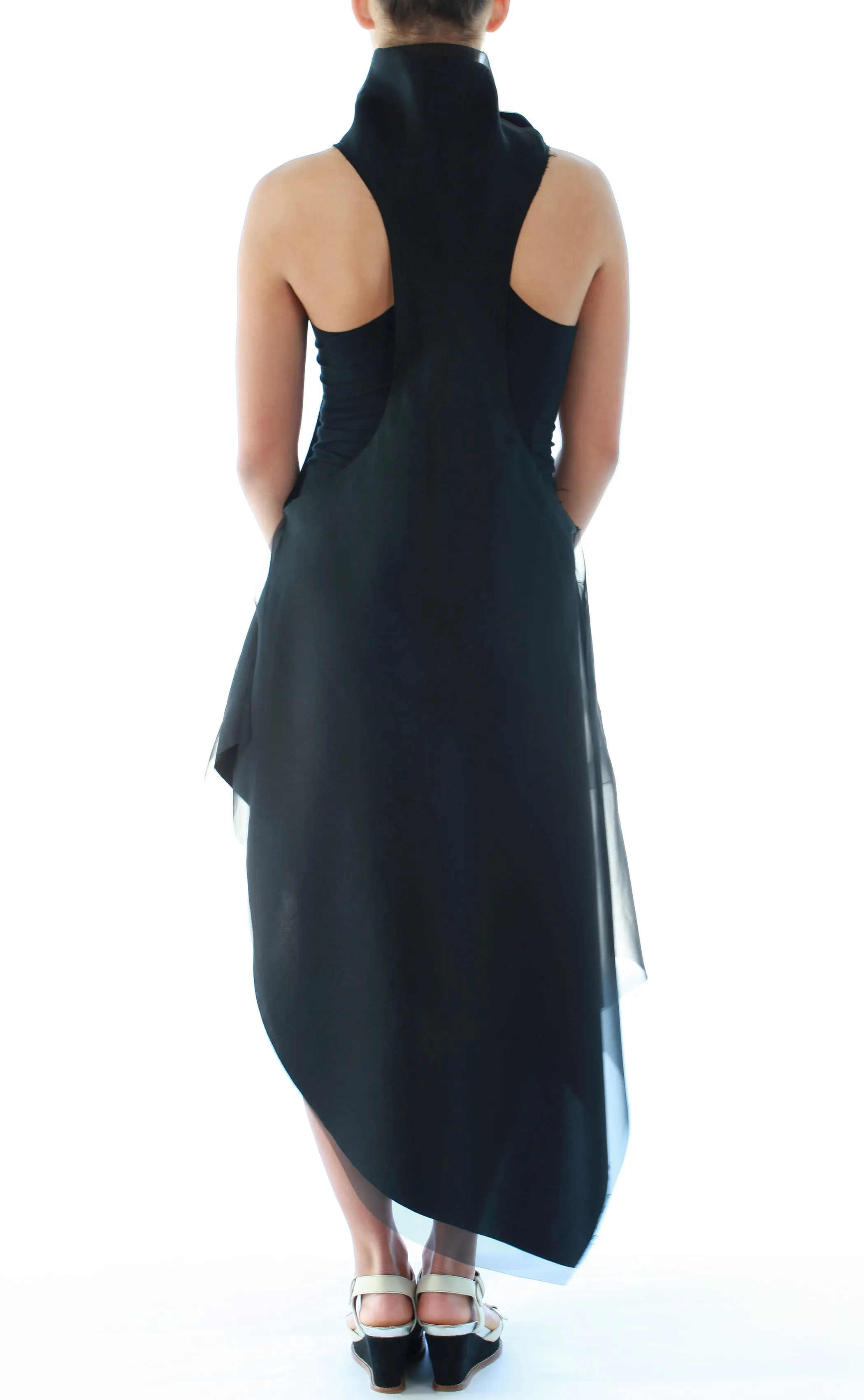 Mock Neck Silk Tank Dress with Floral Appliqué in Black