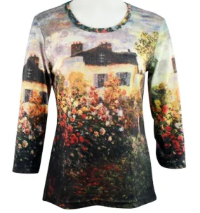 Monet Garden in Argenteuil, Scoop Neck, Hand Silk Screened 3/4 Sleeve Artistic Top