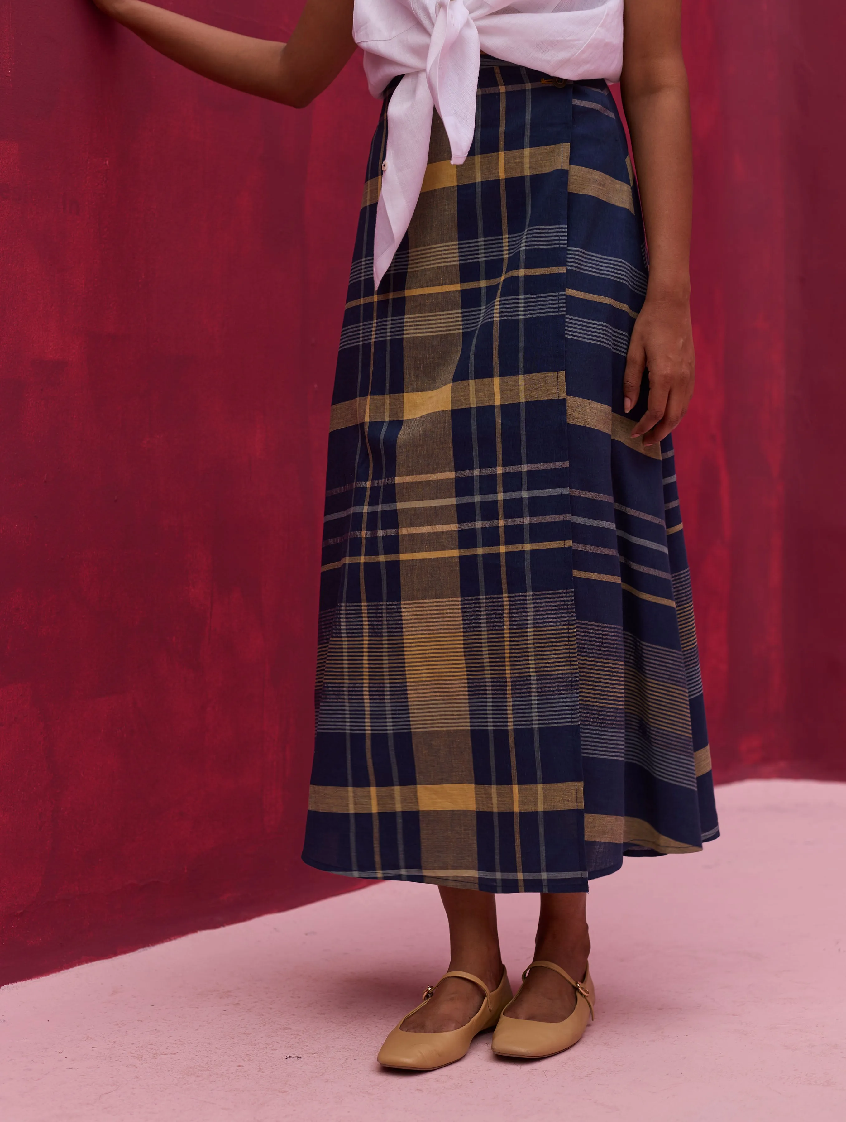 Para Check Linen Skirt - Navy