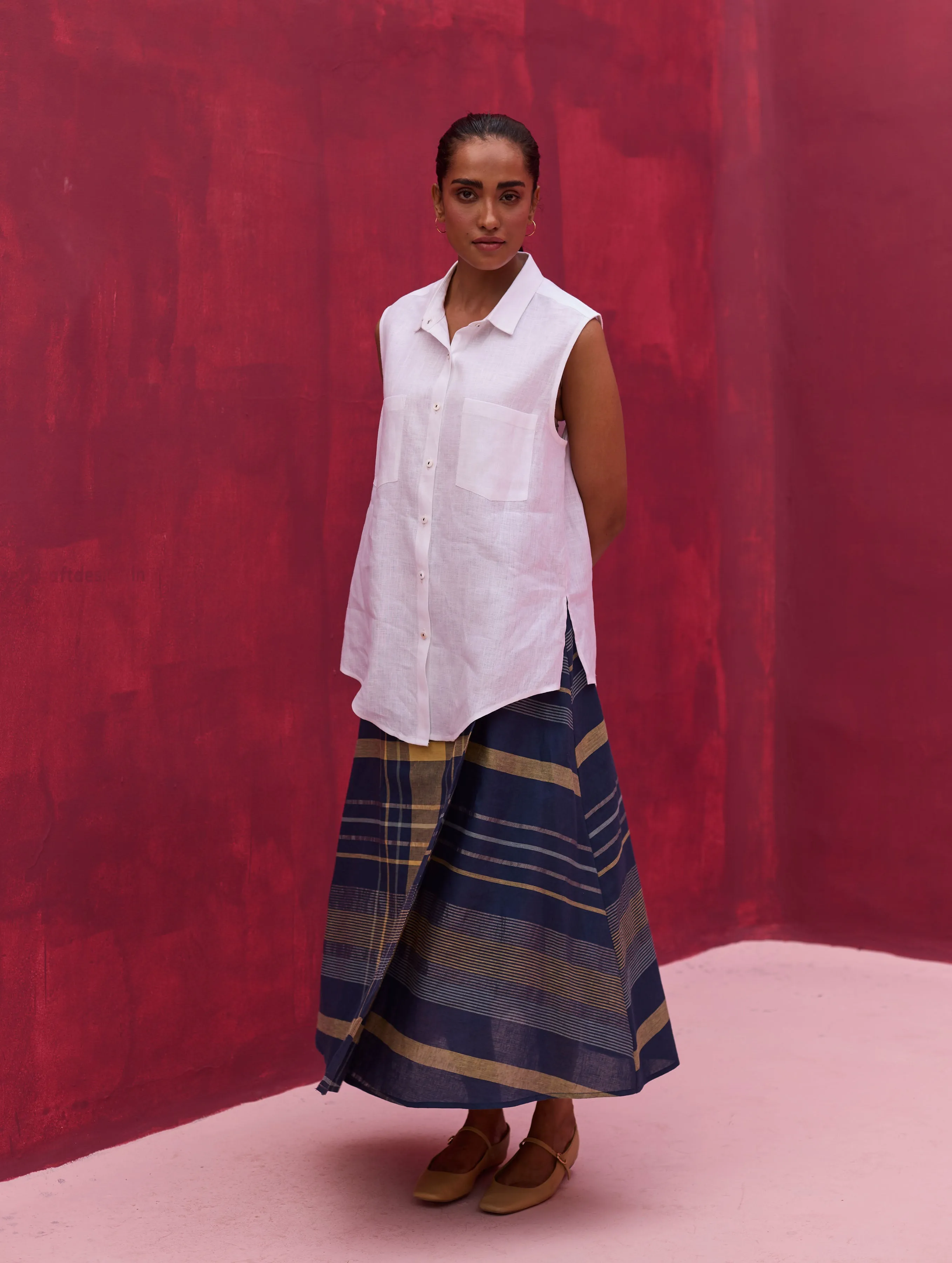 Para Check Linen Skirt - Navy