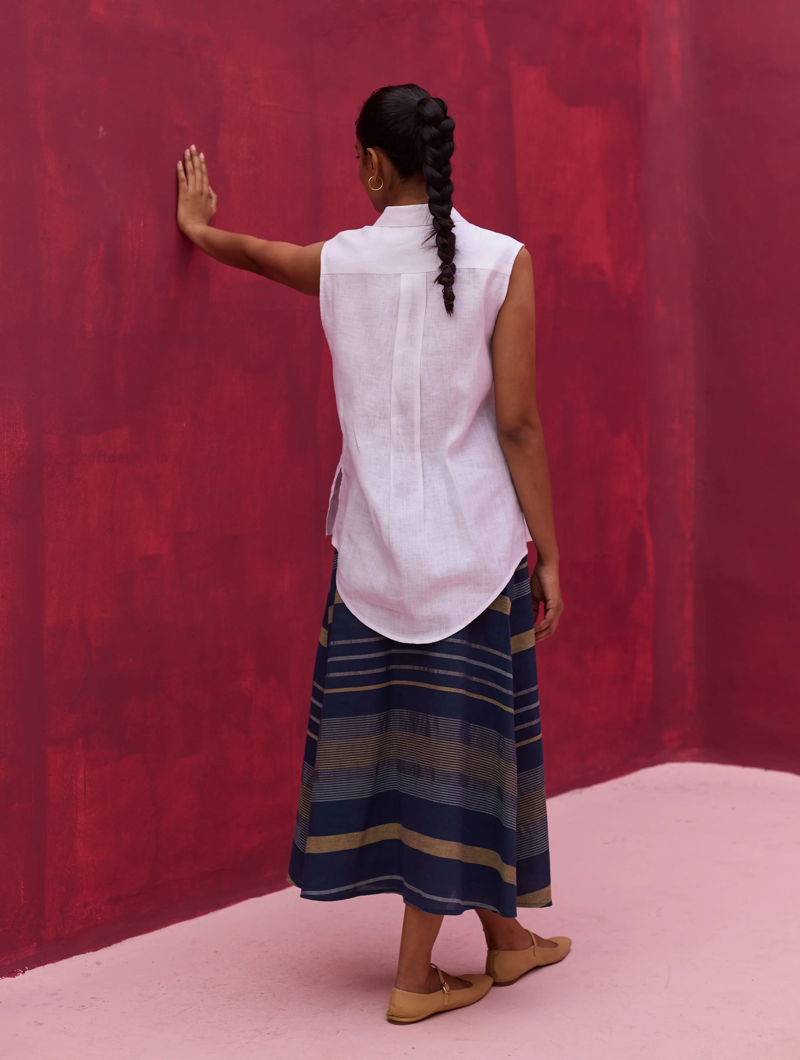 Para Check Linen Skirt - Navy