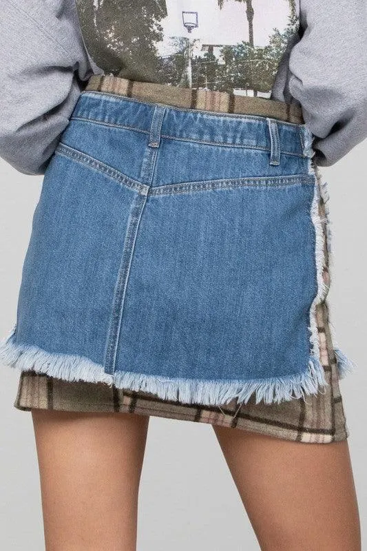 Plaid Checker Mini Denim Skirt