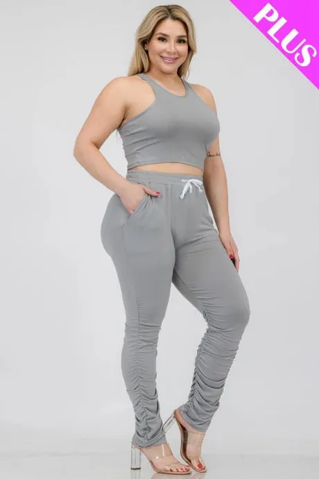 Plus size crop tank top & ruched pants set