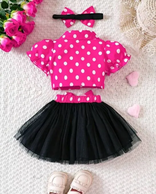 Polka Dot Sleeve Blouse & Mesh Skirt & Headband