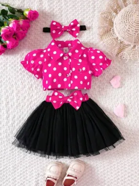 Polka Dot Sleeve Blouse & Mesh Skirt & Headband