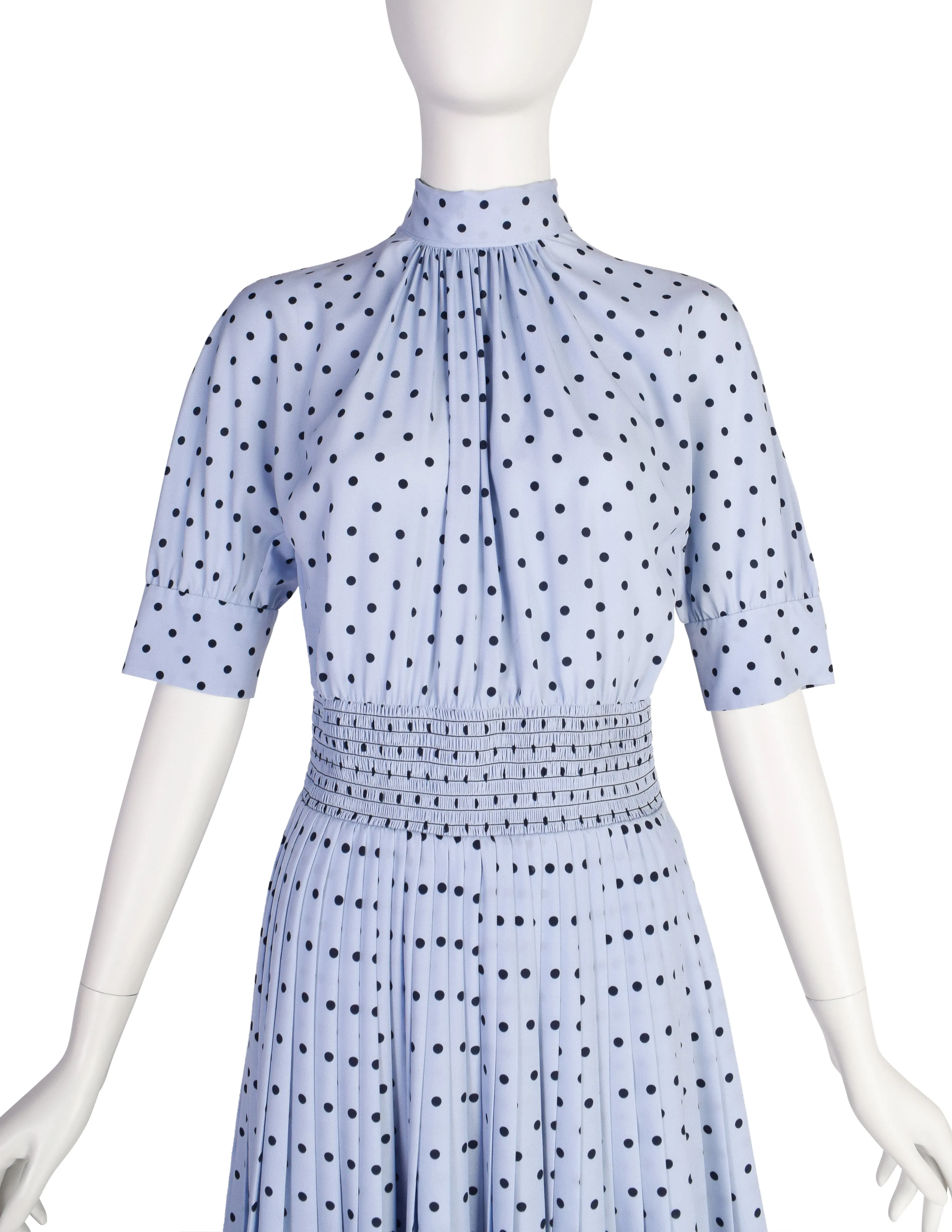 Prada Periwinkle Navy Polka Dot Smocked Waist Pleated Skirt Lavaliere Dress